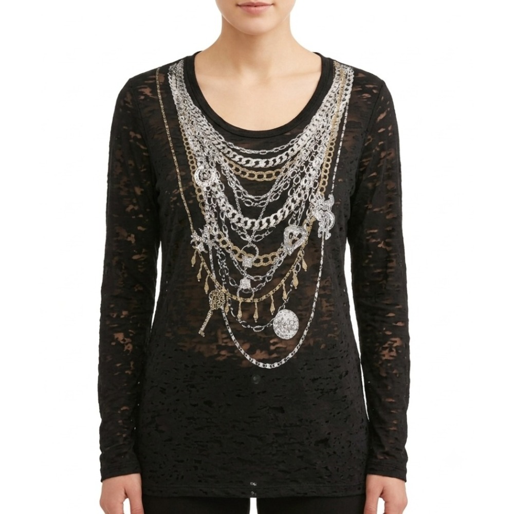 Seven7 Luxe Long Sleeve Top Women 14/16 Black Burnout Jewelry Chain Graphic Rock